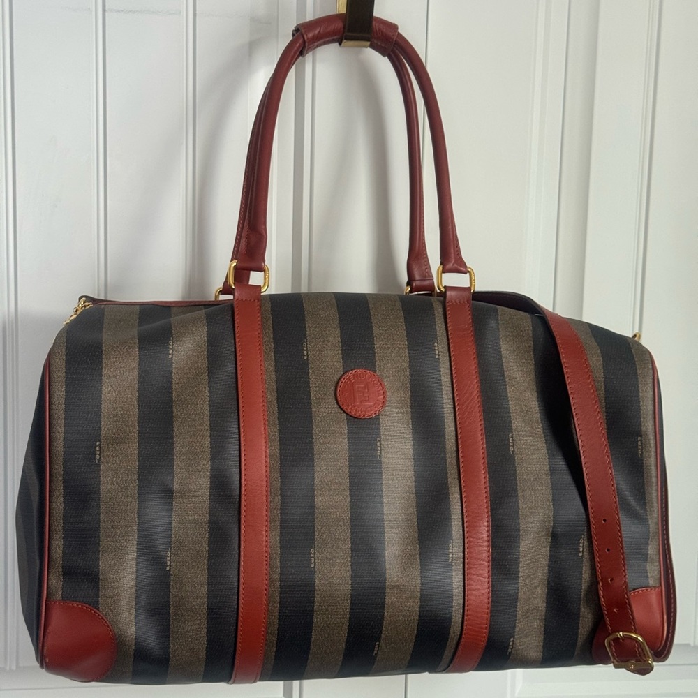 Fendi Penguin Striped Coated Canvas Weekender Boston Bag